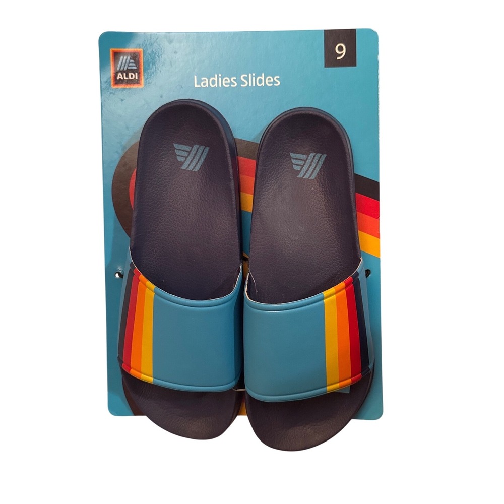 Aldi Ladies Slides Rainbow Stripe Blue Navy Retro Summer Sandals Size 9 NWT